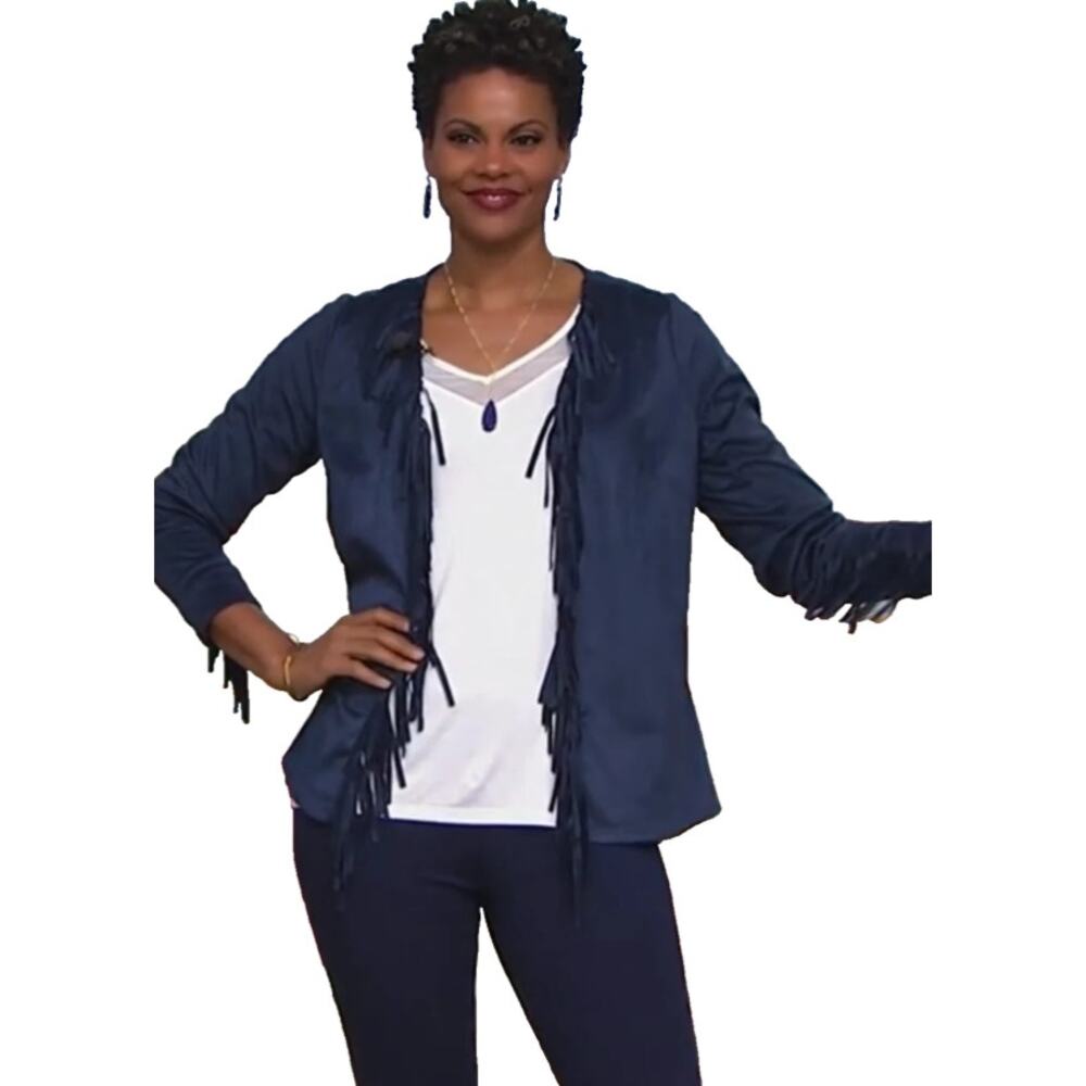 Colleen Lopez Women Faux Suede Fringe Trim Topper Jacket Long Sleeve Size L Blue